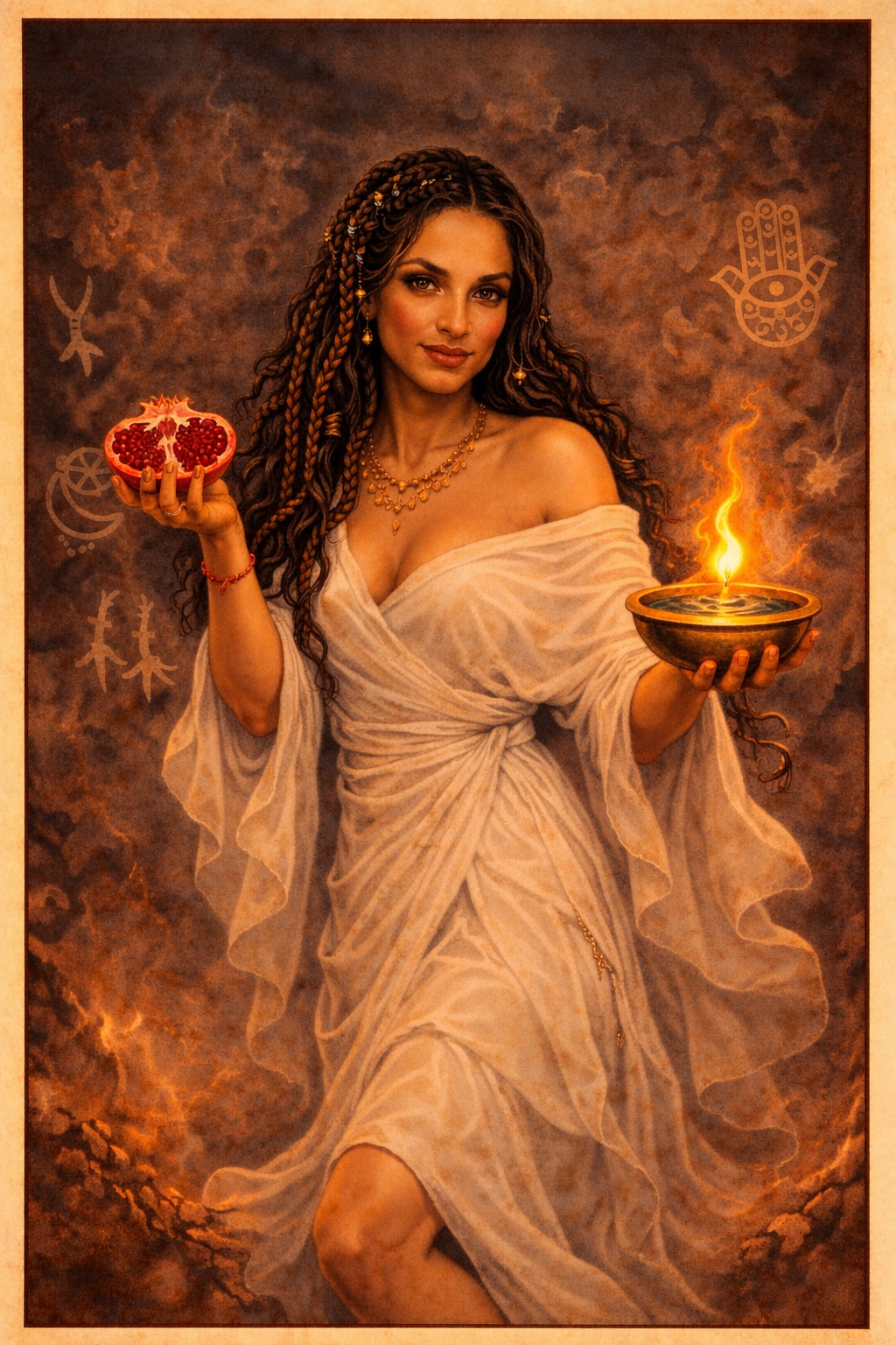 Kohenet Istahar holding a pomegranate and a bowl of fire